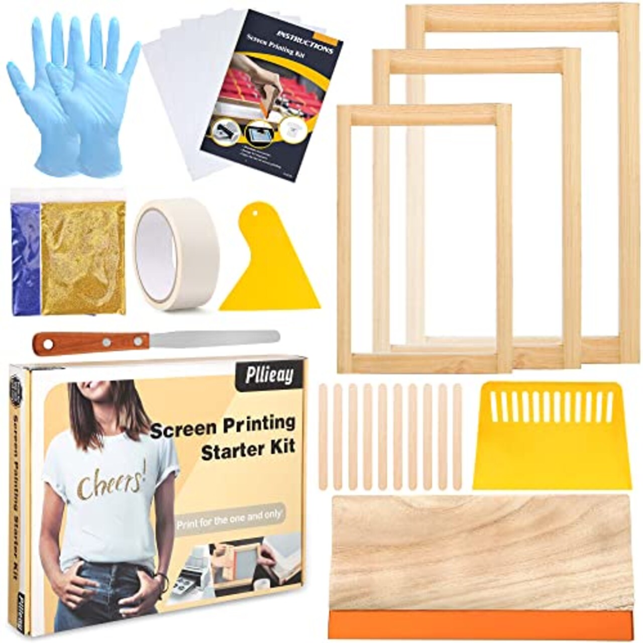 26 Pcs Screen Printing Starter kit, 3 Different Size Wood Silk Screen Printing Frames with 110 Mesh, Screen Printing Squeegees, Inkjet Transparency Film, Ink Knife, Mask Tape, Fine Glitter